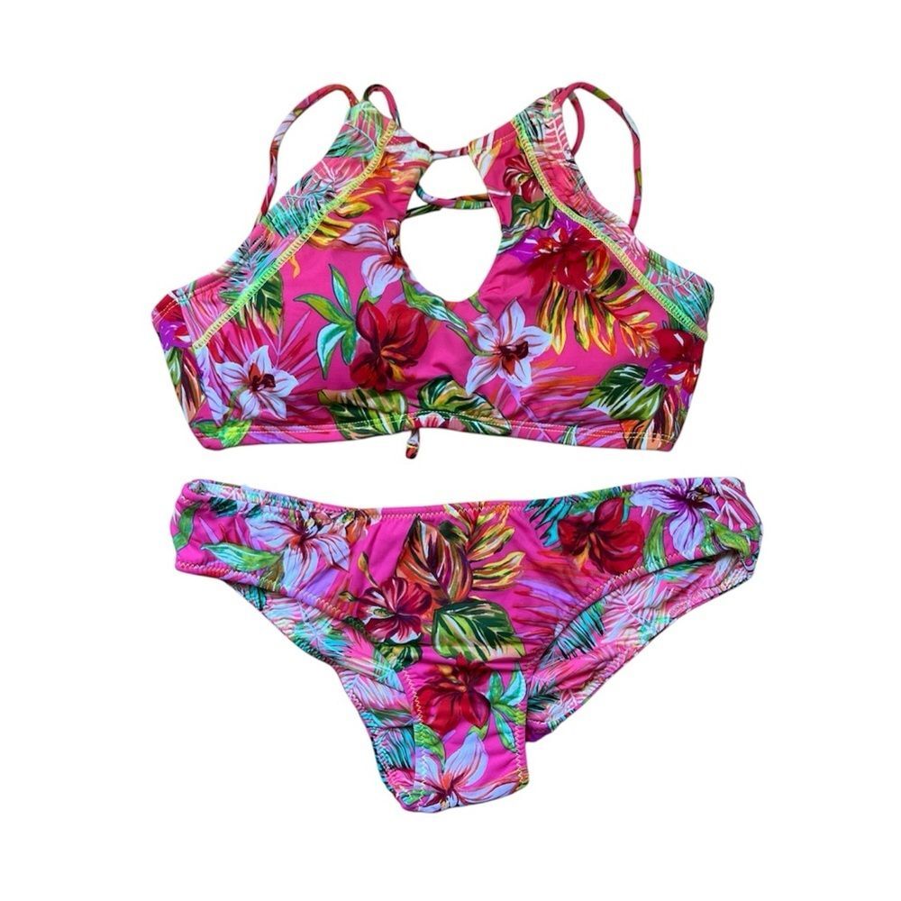 NEW Hobie Women's Two Piece Bikini Set Medium Pink Tropical Keyhole Neckline